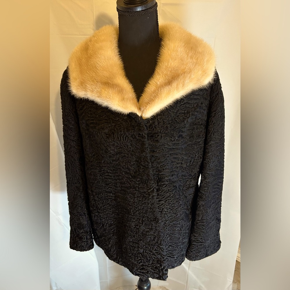 Vintage 1950s Arctic Fur By Alexander Black Persian Wool Coat with Mink Collar